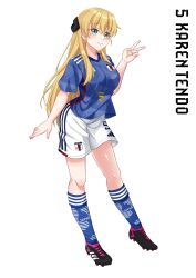 Rule 34 | 1girl, black footwear, blonde hair, blue shirt, blue socks, blush, breasts, character name, closed mouth, commission, full body, gamers!, highres, kneehighs, long hair, medium breasts, purple footwear, rynn (darknescorez), second-party source, shirt, shoes, short sleeves, shorts, simple background, smile, sneakers, soccer uniform, socks, solo, sportswear, standing, tendou karen, two-tone footwear, v, white background, white shorts