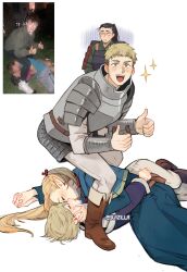 Rule 34 | 2boys, 2girls, absurdres, armor, blonde hair, blue capelet, blue dress, blue shirt, blush, boots, braid, brown footwear, capelet, closed eyes, dress, dungeon meshi, elf, falin touden, falin touden (tallman), french braid, hair behind ear, half updo, hand on another&#039;s cheek, hand on another&#039;s face, highres, hug, interlocked fingers, japanese armor, japanese clothes, kiss, laios touden, long hair, long sleeves, looking at viewer, lying, marcille donato, multiple boys, multiple girls, on floor, pants, photo-referenced, plate armor, pointy ears, ponytail, shirt, short hair, shurou, smile, star (symbol), sui (suizilla), thumbs up, very short hair, white pants, yuri