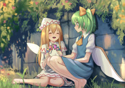 Rule 34 | 2girls, :d, ^ ^, ascot, bare legs, barefoot, blonde hair, blue dress, bow, brick wall, capelet, closed eyes, commentary request, daiyousei, dress, facing another, fairy wings, flower wreath, grass, green eyes, green hair, hair between eyes, hair bow, hat, lily white, long hair, looking at another, multiple girls, on grass, open mouth, outdoors, plant, roke (taikodon), short sleeves, side ponytail, sitting, smile, squatting, touhou, wall, white capelet, white dress, white headwear, wings, yellow ascot, yellow bow, yokozuwari