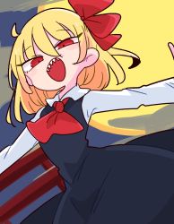 Rule 34 | 1girl, black dress, blonde hair, collared shirt, dress, fang, full moon, half-closed eyes, highres, long sleeves, medium hair, moon, necktie, op na yarou, open mouth, outstretched arms, pinafore dress, red eyes, red necktie, rumia, sharp teeth, shirt, sleeveless dress, smile, solo, spread arms, teeth, torii, touhou, white shirt