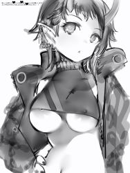 Rule 34 | 1girl, areola slip, bad id, bad pixiv id, breasts, closed mouth, covered erect nipples, ear piercing, earrings, greyscale, hand on own hip, highres, horns, jacket, jewelry, large breasts, looking at viewer, monochrome, nail polish, nanashi (nlo), nanashi inc., navel, nipples, oni horns, open clothes, open jacket, piercing, pointy ears, ryugasaki rene, ryugasaki rene (1st costume), short hair, simple background, solo, sugar lyric, underboob, virtual youtuber, white background