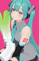 Rule 34 | 1girl, aqua eyes, aqua hair, aqua nails, aqua necktie, bare shoulders, black sleeves, blurry, closed mouth, commentary request, daluto (hitomi555), detached sleeves, grey shirt, hatsune miku, highres, long hair, looking at viewer, navel, necktie, number tattoo, pink background, shirt, simple background, sitting, sleeveless, sleeveless shirt, solo, spring onion, tattoo, twintails, vocaloid