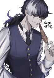 Rule 34 | 1boy, ace attorney, black hair, black necktie, black vest, closed mouth, collared shirt, commentary request, cross shark, feathers, grey eyes, hair between eyes, hand up, highres, holding, holding feather, long hair, long sleeves, looking at viewer, low ponytail, male focus, multicolored hair, necktie, shirt, simon blackquill, simple background, smile, solo, two-tone hair, upper body, vest, white background, white hair, white shirt