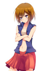 Rule 34 | 1girl, bad id, bad pixiv id, bare arms, blue eyes, brown hair, collarbone, cowboy shot, crossed arms, grin, highres, looking away, navel, open clothes, open shirt, original, parted lips, pleated skirt, red skirt, shiny skin, shirt, short hair, simple background, skirt, sleeveless, sleeveless shirt, smile, solo, white background, yappen, yatsu (sasuraino)