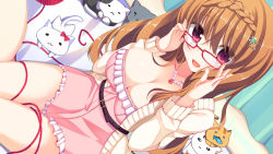 Rule 34 | 1girl, adjusting eyewear, braid, breasts, brown hair, cat, cleavage, glasses, hair ornament, hairclip, humuyun, jewelry, large breasts, long hair, looking at viewer, necklace, open mouth, original, red-framed eyewear, red eyes, smile, solo