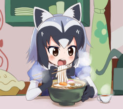 Rule 34 | 10s, 1girl, animal ears, blush, bow, chopsticks, common raccoon (kemono friends), counter, cup, eating, egg, food, highres, kemono friends, noodles, open mouth, raccoon, raccoon ears, ramen, restaurant, sitting, solo, soup, sweat, teacup, udon