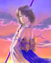 Rule 34 | 1girl, back, bare shoulders, blue dress, brown hair, cloud, detached sleeves, dress, final fantasy, final fantasy x, heterochromia, holding, holding staff, looking back, outdoors, short hair, solo, staff, sunset, takeda yuuko, yuna (ff10)