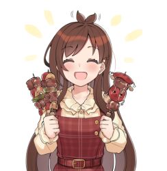Rule 34 | 1girl, ^ ^, aa211108, antenna hair, belt buckle, blush, brown hair, buckle, closed eyes, commentary, dress, facing viewer, food, holding, holding food, idolmaster, idolmaster cinderella girls, long hair, open mouth, plaid, plaid dress, red dress, shirt, simple background, smile, solo, tsujino akari, upper body, very long hair, white background, yakitori, yellow shirt