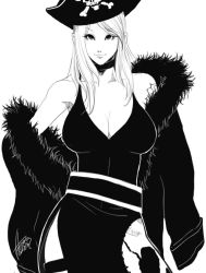 Rule 34 | 1girl, breasts, choker, cleavage, coat, dress, falcoon, fatal fury, fur coat, garou: mark of the wolves, hat, jenet behrn, large breasts, long hair, monochrome, pirate, signature, the king of fighters