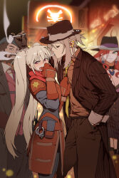 Rule 34 | 2boys, 2girls, beard, black pants, black thighhighs, blonde hair, blue headwear, breasts, brown coat, brown eyes, brown hair, brown pants, brown suit, cigarette, cleavage, coat, collared dress, crime city graves, crime city miss fortune, cuffs, dress, ear piercing, earrings, facial hair, fedora, formal, garter straps, gentleman gnar, gloves, gnar (league of legends), graves (league of legends), green eyes, hand in pocket, handcuffs, hat, heart, heart necklace, highres, jewelry, large breasts, league of legends, long hair, miss fortune (league of legends), mouse, multiple boys, multiple girls, necklace, necktie, orange shirt, outdoors, pants, piercing, police, police badge, poppy (league of legends), red eyes, red hair, red necktie, red scarf, red shirt, scarf, shirt, short hair, smoke, smoking, striped clothes, striped dress, striped suit, suit, thighhighs, yellow necktie, zaket07