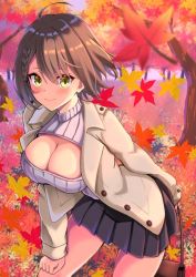 Rule 34 | 1girl, ahoge, autumn, azur lane, baltimore (azur lane), blush, braid, breasts, brown hair, cleavage, cleavage cutout, clothing cutout, hair between eyes, jacket, kouno (uiyoyo199), large breasts, looking at viewer, meme attire, open-chest sweater, pleated skirt, short hair, skirt, smile, solo, sweater, yellow eyes