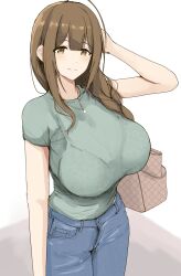 ahoge bag bra_visible_through_clothes braid braided_ponytail breasts brown_eyes brown_hair denim green_shirt hair_over_shoulder hand_on_own_head handbag highres huge_ahoge idolmaster idolmaster_shiny_colors jeans jewelry kuwayama_chiyuki large_breasts long_braid long_hair looking_at_viewer myanyuki_h necklace pants shirt single_braid