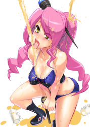 Rule 34 | 1girl, alcohol, arm support, battle spirits, battle spirits: shounen gekiha dan, beer, bikini, blue bikini, blush, boots, breasts, cleavage, covered erect nipples, cup, from above, hair ornament, high heels, juice, knee boots, kneehighs, large breasts, leaning forward, long hair, looking up, magisa, messy, mug, open mouth, orb, parted bangs, pink hair, satou shouji, scepter, sexually suggestive, shoes, simple background, sitting, socks, solo, spill, spread legs, stool, straddling, sweat, swept bangs, swimsuit, tankini, tongue, twintails, very long hair, wavy hair, wet, wet clothes, yellow eyes