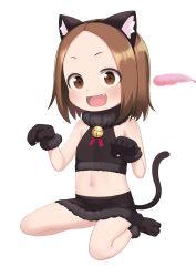 Rule 34 | 1girl, :d, animal ear fluff, animal ears, animal hands, atg (wttoo0202), bare shoulders, bell, black footwear, black gloves, black hairband, black shirt, black skirt, blouse, blush, brown eyes, brown hair, cat ears, cat tail, cat teaser, child, commentary request, crop top, fake animal ears, fang, female focus, flat chest, forehead, full body, fur-trimmed gloves, fur-trimmed skirt, fur trim, gloves, hairband, highres, jingle bell, karakai jouzu no (moto) takagi-san, karakai jouzu no takagi-san, looking at viewer, midriff, navel, nishikata chii, open mouth, parted bangs, paw gloves, paw shoes, shirt, simple background, skirt, sleeveless, sleeveless shirt, smile, solo, tail, white background