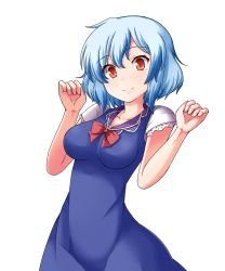 Rule 34 | 1girl, alternate hair length, alternate hairstyle, blue dress, blue hair, bow, breasts, cleavage, cowboy shot, dress, hands up, head tilt, unworn headwear, highres, kamishirasawa keine, layered dress, looking at viewer, medium breasts, mono (mono60), multicolored hair, outline, red eyes, short hair, short sleeves, sleeveless, sleeveless dress, smile, solo, touhou, transparent background, two-tone hair, white dress, wide hips