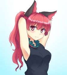 Rule 34 | 1girl, alternate hairstyle, animal ears, armpits, arms up, blush, cat ears, isaki (gomi), kaenbyou rin, long hair, looking at viewer, ponytail, red eyes, red hair, shirt, simple background, sleeveless, sleeveless shirt, smile, solo, touhou