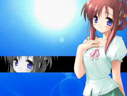 Rule 34 | 1girl, blouse, blue background, blue eyes, blush, brown hair, casual, gayarou, hair ornament, hair up, hairclip, hand on own chest, lens flare, light smile, looking at viewer, miyashiro karin, monochrome, pink hair, red hair, shirt, short sleeves, skirt, smile, solo, spot color, suigetsu, sun, third-party edit, wallpaper, zoom layer