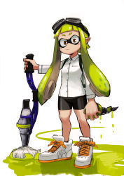 Rule 34 | 1girl, :/, backpack, bad id, bad pixiv id, bag, bike shorts, blush, buttons, dress shirt, full body, goggles, goggles on head, green hair, highres, hime cut, holding, horikoshi kouhei, ink, inkbrush (splatoon), inkling, inkling girl, inkling player character, long hair, long sleeves, looking at viewer, nintendo, orange eyes, paint, paintbrush, pointy ears, shirt, shoes, simple background, sneakers, solo, splatoon (series), splatoon 1, standing, tentacle hair, white background, white footwear