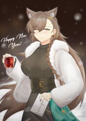 Rule 34 | 1girl, absurdres, animal ears, anthonii, arknights, black skirt, black sweater, blush, braid, breasts, brown hair, character name, cowboy shot, drink, earrings, extra ears, fur-trimmed jacket, fur trim, hair between eyes, happy new year, highres, holding, holding drink, holding letter, jacket, jewelry, large breasts, letter, long hair, mole, mole above eye, new year, official alternate costume, open clothes, open jacket, penance (arknights), penance (occasionally flushed) (arknights), ribbed sweater, skirt, smile, solo, sweater, very long hair, white jacket, wolf ears, wolf girl, yellow eyes