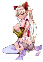 Rule 34 | 10s, 1girl, aldra (queen&#039;s blade), aldra (queen's blade), apron, ass, black panties, blush, body blush, boots, breasts, butt crack, cum, cum on ass, cum on body, cum on breasts, cum on lower body, cum on upper body, detached sleeves, facial, hair ornament, highres, kantaka, lace, lace panties, large breasts, long hair, looking at viewer, orange eyes, panties, pointy ears, ponytail, queen&#039;s blade, queen&#039;s blade rebellion, side-tie panties, sideboob, silver hair, sitting, solo, summoner aldra, thigh boots, thighhighs, tongue, tongue out, underwear, vambraces, very long hair, wariza, white thighhighs, zettai ryouiki