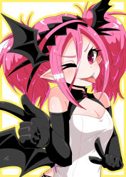 Rule 34 | 1girl, bat wings, black gloves, black headband, black wings, breasts, cleavage, double bun, dress, elbow gloves, eyebrows, fangs, gloves, hair bun, head wings, headband, heal &amp; squeeze, houshi, index finger raised, mimosa (heal &amp; squeeze), one eye closed, pointing, pointy ears, small breasts, tongue, tongue out, vampire, vietnamese clothes, vietnamese dress, white dress, wings, yellow background