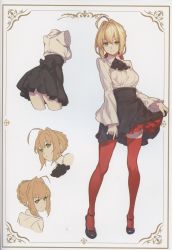 Rule 34 | 10s, 1girl, absurdres, ankle strap, black footwear, blonde hair, blouse, braid, breasts, fate/extra, fate/grand order, fate (series), french braid, full body, green eyes, high heels, highres, holding, holding clothes, holding skirt, long sleeves, looking at viewer, medium breasts, meme attire, multiple views, nero claudius (fate), nero claudius (fate) (all), nero claudius (fate/extra), red thighhighs, sayika, scan, shirt, shoes, simple background, skirt, smile, standing, strappy heels, thighhighs, white shirt