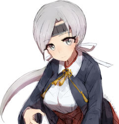 Rule 34 | 1girl, alchera, blue jacket, breasts, chitose (kancolle), grey eyes, grey hair, headband, jacket, kantai collection, large breasts, long hair, looking at viewer, ponytail, simple background, solo, upper body, white background