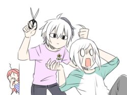 Rule 34 | 1boy, 2girls, ahoge, androgynous, black pants, closed mouth, covering own mouth, flower (vocaloid), flower (vocaloid4), grabbing another&#039;s hair, green sleeves, hair between eyes, hand over own mouth, holding, holding scissors, mob face, multiple girls, o o, open mouth, pants, pink shirt, print shirt, roz (hal20010910), scissors, sf-a2 miki, shirt, short hair, simple background, sleeveless, sleeveless shirt, striped clothes, striped shirt, tears, utatane piko, vocaloid, white background, white hair, white shirt, | |