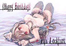 Rule 34 | 1girl, arm guards, arms up, birthday, black hair, black skirt, black thighhighs, blush, bracelet, breasts, character name, closed mouth, crop top, final fantasy, final fantasy vii, final fantasy vii remake, full body, happy birthday, jewelry, knees up, large breasts, long hair, looking at viewer, low-tied long hair, lying, midriff, navel, on back, red eyes, skirt, smile, solo, suspender skirt, suspenders, swept bangs, tank top, thighhighs, tifa lockhart, usapenpen2019, white tank top, zettai ryouiki