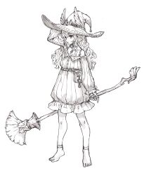 Rule 34 | 1girl, ankle cuffs, arm at side, arm up, barefoot, broom, brown eyes, character request, closed mouth, clothing request, copyright request, curly hair, frills, full body, greyscale, hair between eyes, hat, highres, holding, holding broom, jewelry, long hair, long sleeves, monochrome, necklace, off shoulder, puffy long sleeves, puffy sleeves, simple background, solo, spot color, standing, white background, winged hat, winged headwear, witch, witch hat, yanyan (shinken gomi)