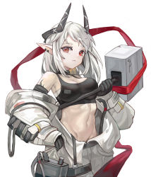 Rule 34 | 1girl, absurdres, arknights, bare shoulders, black choker, black gloves, breasts, choker, cowboy shot, gloves, groin, hammer, highres, holding, holding hammer, holding weapon, horns, lan xiezi, large breasts, long hair, long sleeves, midriff, mudrock (arknights), mudrock (elite ii) (arknights), navel, pointy ears, red eyes, sarashi, silver hair, simple background, solo, standing, stomach, weapon, white background