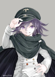 Rule 34 | 10s, 1boy, black cape, black hair, black hat, buttons, cape, checkered clothes, checkered scarf, danganronpa (series), danganronpa v3: killing harmony, grey background, hair between eyes, hand on headwear, hand on own hip, hand up, hat, hat tip, long sleeves, looking at viewer, male focus, mizutama, oma kokichi, peaked cap, purple eyes, purple hair, scarf, simple background, smile, smirk, solo, twitter username, upper body