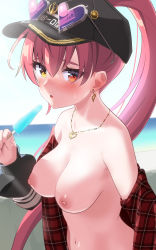 Rule 34 | 1girl, absurdres, arrow through heart, blush, breasts, earrings, eyewear on head, food, hat, heart, heart-shaped eyewear, heterochromia, highres, hololive, houshou marine, jacket, jewelry, looking at viewer, naked jacket, necklace, nipples, ponytail, popsicle, red eyes, red hair, shimaketa, solo, virtual youtuber, yellow eyes