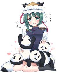 Rule 34 | 1girl, arm garter, asymmetrical bangs, black socks, blue vest, blush, breasts, commentary request, dot nose, epaulettes, flustered, flying sweatdrops, gold trim, green eyes, green hair, hat, hat ribbon, heart, highres, long sleeves, looking at viewer, medium breasts, open mouth, panda, puffy sleeves, red button, red ribbon, ribbon, shiki eiki, simple background, sitting, socks, solo, stigma1101, stuffed animal, stuffed toy, sweatdrop, touhou, v-shaped eyebrows, vest, wariza, white background, white ribbon