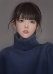 Rule 34 | 1girl, black hair, brown eyes, chaosringen, grey background, highres, lips, original, parted lips, realistic, short hair, simple background, solo, sweater, turtleneck, turtleneck sweater, upper body