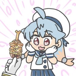Rule 34 | 1girl, 1other, :3, ahoge, beetle, blue hair, blue neckerchief, blue sailor collar, blue skirt, bug, commentary request, ferret-san, food, gloves, gradient hair, hands on own face, hat, insect, kantai collection, long hair, low twintails, multicolored hair, neckerchief, pleated skirt, red eyes, sado (kancolle), sailor collar, sailor hat, school uniform, serafuku, shirt, simple background, skirt, sleeveless, sleeveless shirt, smile, twintails, white background, white gloves, white headwear