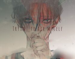 Rule 34 | 1boy, black hair, bluesy, broken mirror, commentary, covered mouth, english commentary, english text, hair between eyes, killing stalking, looking at viewer, male focus, mirror, short hair, solo, yoon bum