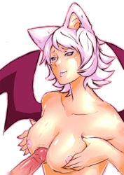Rule 34 | 1boy, 1girl, artist request, breasts, breasts squeezed together, disembodied penis, erection, hetero, large breasts, nail polish, nipples, nude, paizuri, penis, personification, rouge the bat, simple background, solo focus, sonic (series), uncensored, white background, white hair, wings