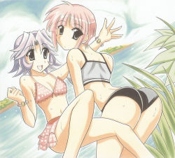 Rule 34 | 2girls, :d, arched back, ass, back, banpresto, beach, bikini, bikini skirt, bracelet, breasts, cleavage, clenched hand, cloud, convenient leg, covered erect nipples, day, dutch angle, fingernails, flat chest, frilled bikini, frills, from behind, grey eyes, jewelry, latune subbota, leaf, leaning forward, legs, long fingernails, looking at viewer, looking back, mai kobayashi, multiple girls, navel, non-web source, open mouth, oujano kaze, outdoors, outstretched arm, outstretched hand, parted bangs, pink hair, polka dot, polka dot bikini, polka dot swimsuit, scan, short hair, sidelocks, silver hair, sitting, sky, small breasts, smile, spiked hair, sports bikini, super robot wars, super robot wars original generation, swimsuit, tankini, traditional media, water, wet