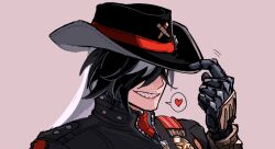 Rule 34 | 1boy, black hair, black hat, black jacket, boothill (honkai: star rail), colored tips, commentary request, cowboy, cowboy hat, cowboy western, cyborg, grin, hair over eyes, hand up, hat, hat tip, heart, highres, honkai: star rail, honkai (series), jacket, long hair, male focus, multicolored hair, neko gokoro, pink background, sharp teeth, simple background, smile, solo, spoken heart, teeth, upper body, western, white hair