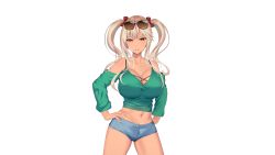 Rule 34 | 1girl, bare shoulders, blonde hair, breasts, cleavage, clothing cutout, dark-skinned female, dark skin, feet out of frame, female focus, game cg, groin, hands on own hips, hoshino anna (otokano), kuroyui, large breasts, legs, long hair, looking at viewer, midriff, navel, original, otokano ~otouto no kanojo ga bunkei de tsuyome!?~, parted lips, red eyes, short shorts, shorts, shoulder cutout, simple background, smile, solo, standing, sunglasses, sunglasses on head, tachi-e, thighs, transparent background, twintails