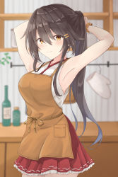Rule 34 | 1girl, apron, armpits, black hair, blush, breasts, brown apron, brown eyes, brown scrunchie, gensoukitan, hair between eyes, hair ornament, hairclip, haruna (kancolle), highres, kantai collection, large breasts, long hair, looking at viewer, nontraditional miko, pleated skirt, ponytail, red skirt, scrunchie, skirt, sleeveless, smile, solo, tying hair, wrist scrunchie
