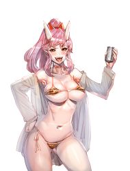 Rule 34 | 1girl, :d, beer can, bikini, bikini under clothes, body piercings, bow, bow (bhp), breasts, can, choker, cleavage, collarbone, collared shirt, covered erect nipples, cowboy shot, dress shirt, drink can, drunk, fangs, gluteal fold, hair bow, halterneck, hand on own hip, heavy breathing, holding, horns, large breasts, long hair, long sleeves, looking at viewer, micro bikini, navel, navel piercing, off shoulder, oni, oni horns, open clothes, open mouth, open shirt, original, pale skin, piercing, pink hair, pointy ears, ponytail, red bow, red eyes, shiny skin, shirt, side-tie bikini bottom, sidelocks, simple background, sketch, skindentation, smile, solo, stomach, string bikini, swept bangs, swimsuit, swimsuit under clothes, tiger stripes, underboob, white background, white shirt
