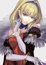 Rule 34 | 1girl, arm up, blonde hair, blue eyes, blue hairband, bracelet, breasts, closed mouth, constance von nuvelle, dress, earrings, elbow gloves, fire emblem, fire emblem: three houses, fire emblem warriors: three hopes, gloves, grin, hairband, highres, jewelry, lips, looking at viewer, medium breasts, medium hair, mik blamike, multicolored hair, nintendo, official alternate costume, official alternate hairstyle, red dress, smile, solo, streaked hair, upper body, white background, white gloves, wide sleeves