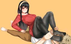 Rule 34 | 1boy, 1girl, black hair, blush, feet, femdom, foot on another&#039;s face, foot worship, highres, kukoi, long hair, pantyhose, red eyes, red sweater, smile, spy x family, sweater, toes, twilight (spy x family), yellow background, yor briar