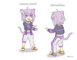 Rule 34 | 1girl, ahoge, animal ear fluff, animal ears, cat ears, cat girl, cat tail, commentary, dual persona, hair between eyes, hololive, hood, hoodie, kukie-nyan, long sleeves, marvel, meme, nekomata okayu, nekomata okayu (1st costume), open mouth, parody, pointing, pointing at another, pointing spider-man (meme), purple eyes, purple hair, short hair, smile, spider-man (series), tail, virtual youtuber