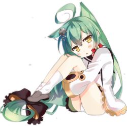 Rule 34 | 1girl, :3, ahoge, akashi (azur lane), animal ears, azur lane, bad id, bad pixiv id, cat ears, commentary request, dress, green hair, highres, kamakura (abcd-1111-58), hugging own legs, long hair, looking at viewer, panties, pantyshot, parted lips, simple background, sitting, sleeves past wrists, solo, underwear, white background, white dress, white panties, yellow eyes