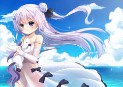 Rule 34 | 1girl, :o, azur lane, black bow, black ribbon, blue sky, blush, bow, cloud, commentary, day, detached sleeves, dress, floating hair, hair between eyes, hair bun, hair ribbon, horizon, ikazu401, long hair, long sleeves, looking at viewer, hugging object, ocean, one side up, outdoors, panties, parted lips, purple eyes, purple hair, ribbon, see-through, side bun, single hair bun, single side bun, sky, sleeveless, sleeveless dress, sleeves past wrists, solo, strap slip, stuffed animal, stuffed toy, stuffed winged unicorn, underwear, unicorn (azur lane), very long hair, water, white dress, white panties, white sleeves