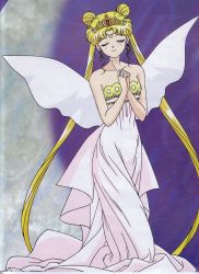Rule 34 | 1990s (style), 1girl, bare arms, bare shoulders, bishoujo senshi sailor moon, blonde hair, closed eyes, closed mouth, collarbone, crown, double bun, dress, facial mark, forehead mark, hair bun, highres, interlocked fingers, long dress, long hair, magical girl, neck, neo queen serenity, official art, own hands together, parted bangs, princess serenity, retro artstyle, smile, solo, strapless, strapless dress, tsukino usagi, twintails, very long hair, white dress