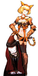 Rule 34 | 1girl, animal ears, armor, blonde hair, breasts, cat ears, cat tail, cleavage, clementine (overlord), faulds, garter straps, grin, hands on own hips, highres, khajiit dale badantel, medium breasts, navel, official art, overlord (maruyama), pauldrons, pink eyes, shoulder armor, simple background, skill, smile, so-bin, solo, solo focus, standing on person, suspenders, tail, thighhighs, white background
